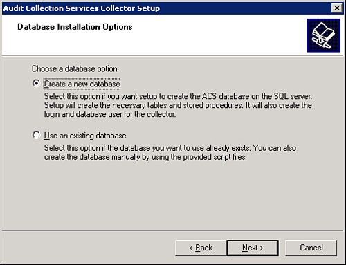 Database installation options.