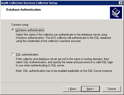 Database Authentication screen.