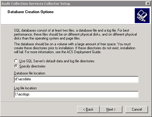 Database Creation Options screen.