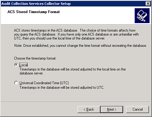 ACS Stored Timestamp Format screen.