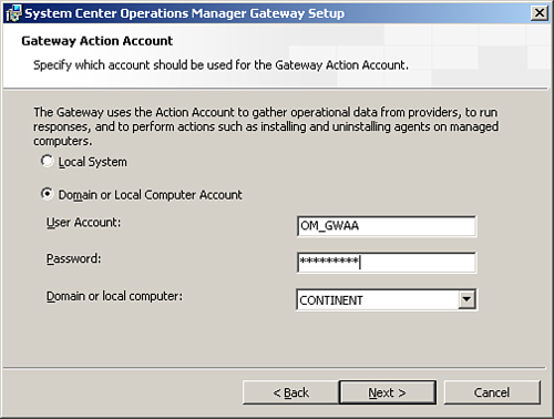Gateway Action Account screen.
