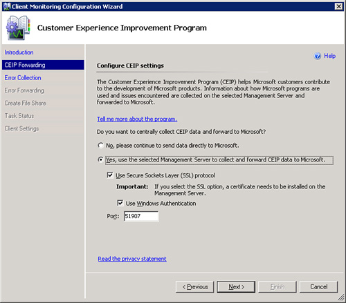 Customer Experience Improvement Program screen.