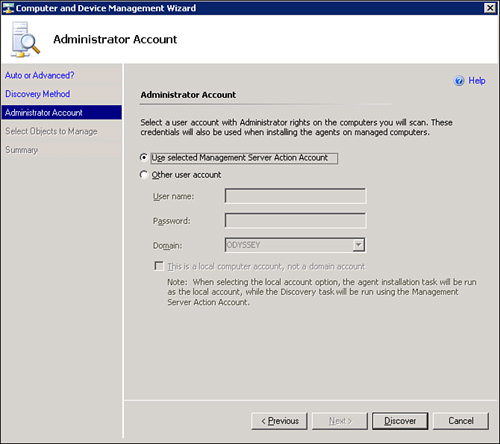 Specify the administrator account for the Discovery Wizard.