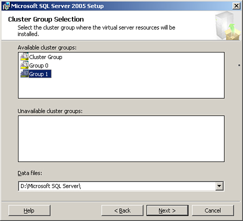 Choosing the SQL cluster group.