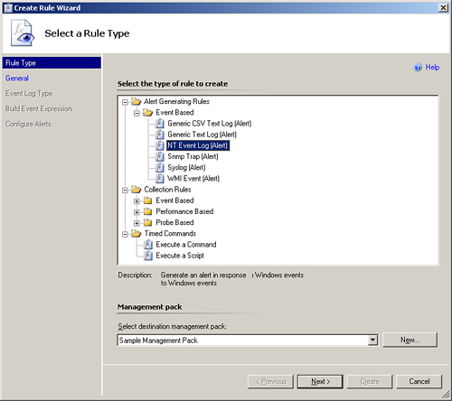 Alert rule selection screen with the NT Event Log rule type selected.