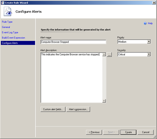 Configure Alerts screen in the Create Rule Wizard.