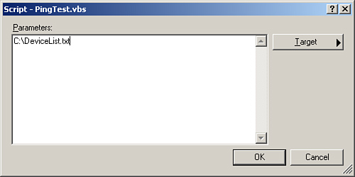 Completed Script Parameters screen specifying the C:DeviceList.txt file.