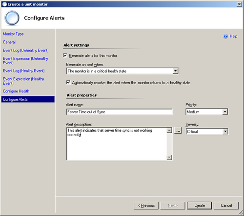 The Configure Alerts screen in the Create a unit monitor Wizard.