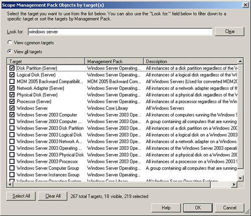 Selecting the scope of management pack objects you wish to view.