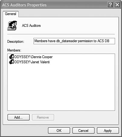 The ACS Auditors local group on the ACS database server contains domain user accounts as members.