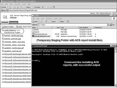 Staging the ACS Reporting install files, uploading the reports, and confirming a successful install.