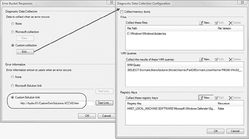 Specifying custom diagnostic data collection and solution link.