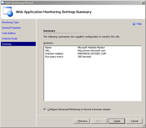 The Web Application Monitoring Settings Summary screen.