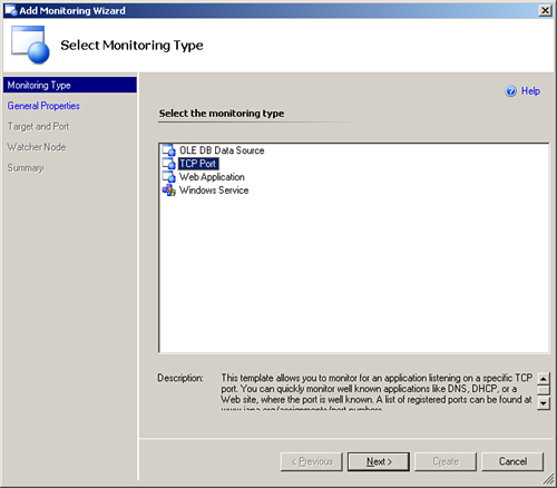 Selecting the TCP port in the Add Monitoring wizard.