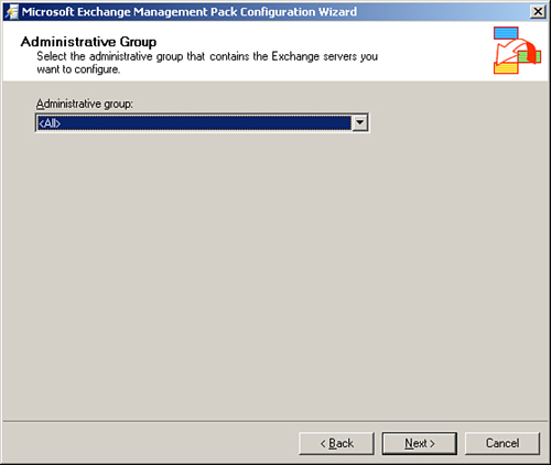 Choosing the Administrative Group in the Exchange Management Pack Configuration Wizard.