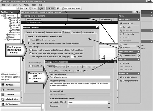 Advanced options for monitoring websites in the Web Application Editor.