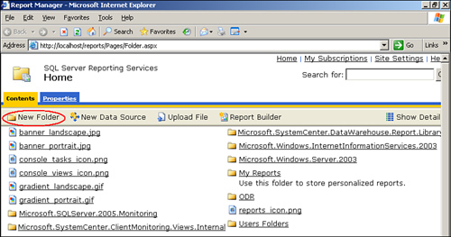 Creating a new folder in SQL Server Reporting Services.