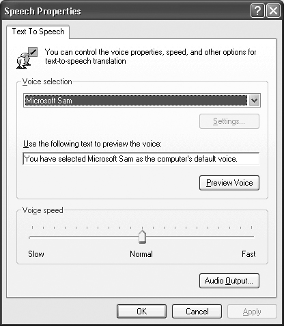 The Speech Properties dialog box contains a single tab, Text To Speech.