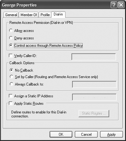 The Dial-in tab defines the dial-in connection settings for a particular user.