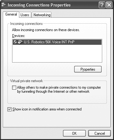 The Incoming Connections Properties dialog box enables you to configure RAS support on a Professional Edition machine.