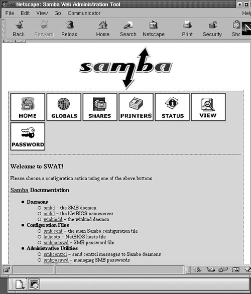 SWAT loaded into Netscape on the Linux computer.