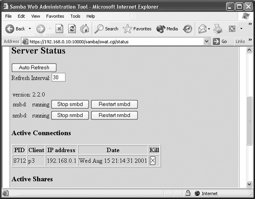 The status page from SWAT shows the current status of the Samba server.