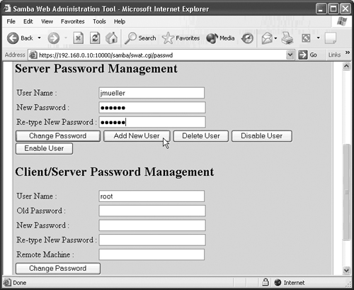 Creating a Samba user with the Password page in SWAT.