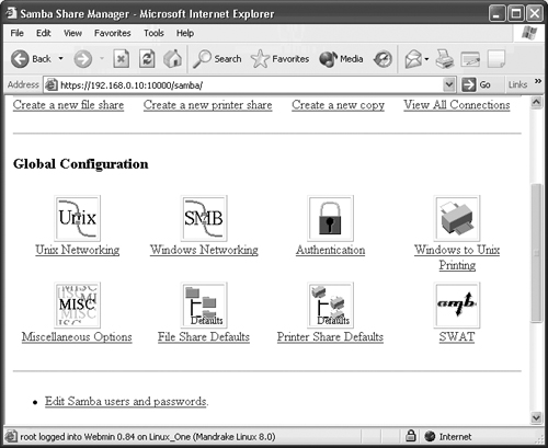 The Samba configuration screen shown using Webmin.