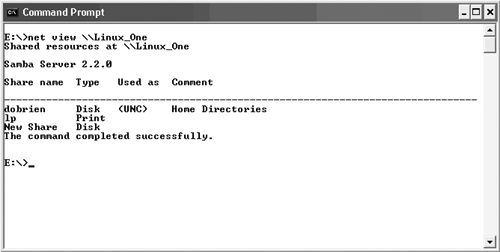 The results of issuing the net view command for the Linux_One server.