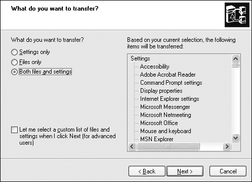 You can use this dialog box to select the settings and files that you want to transfer.