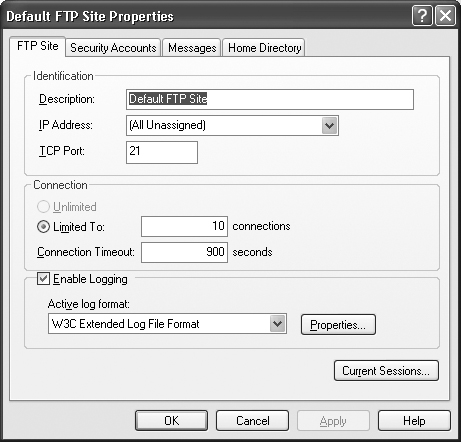 The Default FTP Site Properties dialog box contains settings for your local FTP site.