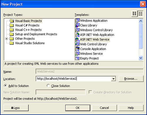 The New Project dialog allows you to create a Web services project.