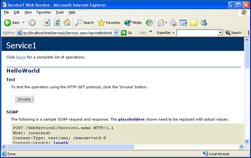 By clicking on the Invoke button, you can run a client that tests the operation of the Web service.