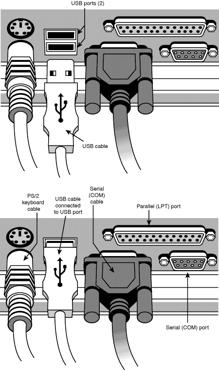 Connecting a USB-based network adapter to a USB port on the rear of the computer.