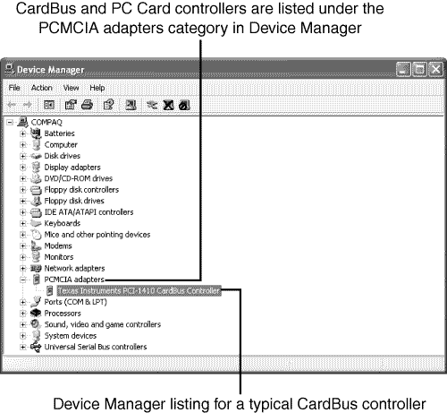 Using Windows XP’s Device Manager to determine whether a portable computer has a CardBus controller on board.