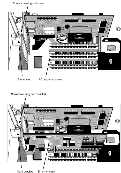 Locating an empty PCI expansion slot (top) and installing the network card (bottom).