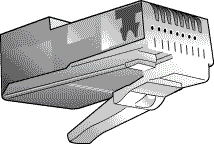 A typical RJ-45 connector. The wire pairs are inserted through the end of the connector (left).