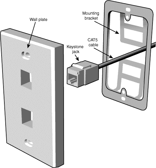 A mounting bracket with a CAT5 cable, keystone jack, and two-hole wall plate.