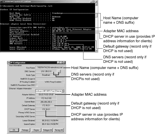 Using IPConfig/all (top) and Winipcfg (bottom) to view the network settings used by a particular computer.