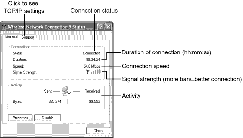 Checking the status of a wireless connection with Windows XP.