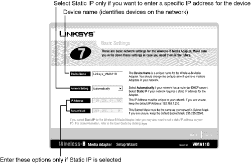 Configuring a Linksys Wireless-B Media Adapter with a dynamic (server-assigned) IP address.