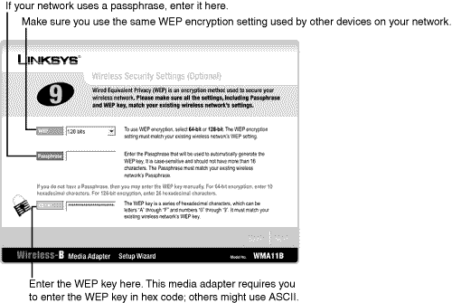 Selecting a Wi-Fi encryption level and supplying the key used by a wireless network.