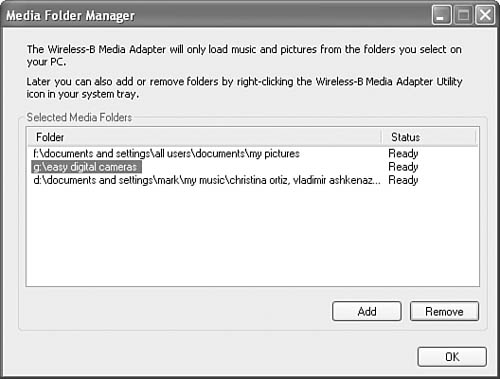 Managing folders on a PC running the server program for a Linksys Wireless-B media adapter.