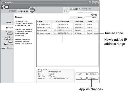 The ZoneAlarm Firewall list after adding the IP addresses used by your network to the Trusted Zone.