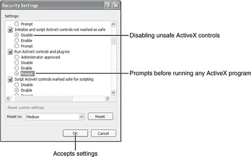 Adjusting settings for ActiveX controls in Internet Explorer.