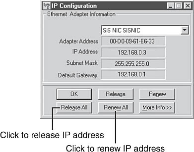 Using winipcfg to release and renew an IP address.