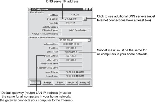 Using winipcfg to determine the subnet mask, default gateway, and DNS server addresses to use for manual IP address configuration.