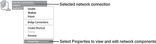 Selecting a network connection in Windows XP.