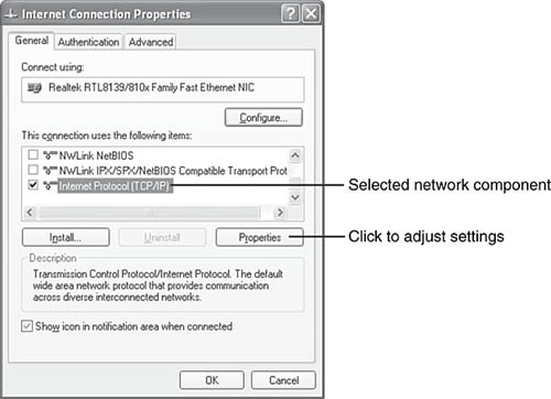 Selecting TCP/IP for configuration in Windows XP.