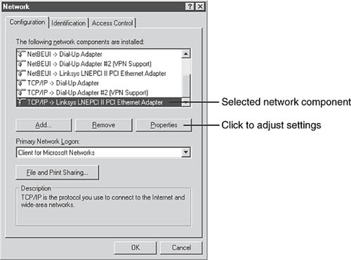 Preparing to configure TCP/IP in Windows 98.